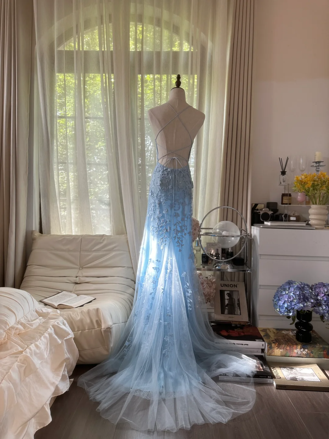 Light Blue A Line Spaghetti Straps Appliques Tulle Open Back Party Dress Evening Dress SH2935