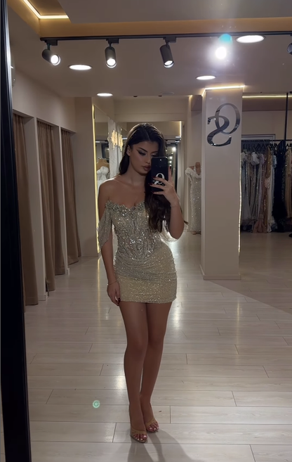 Shiny Sexy Sheath Off the Shoulder Sequin Rhinestone Tulle Short Homecoming Dress SH4792
