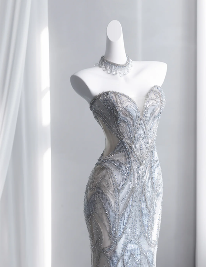 Gorgeous Strapless Tulle Sequin Beaded Mermaid Long Party Dress Evening Dress SP1515
