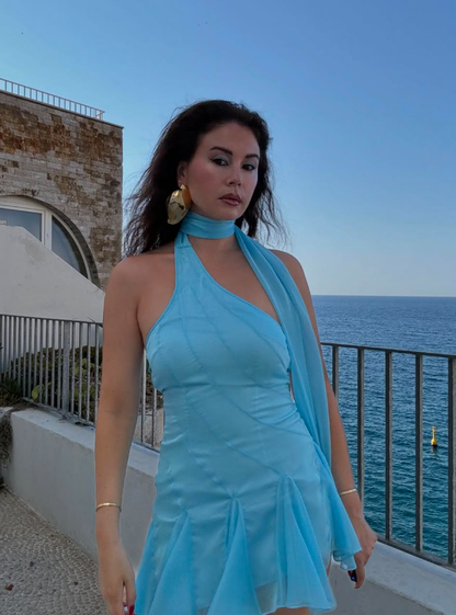 Flowy Blue A Line Halter Chiffon Mini Homecoming Dress SH3282