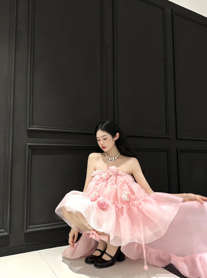 Cute A Line Strapless Floral Pink Organza Long Sweep Prom Dress Party Dress SH3399