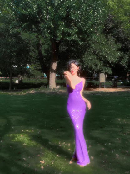 Sexy Shiny Purple Mermaid Straps Sequin Long Prom Dress Vacation Dress SH4318