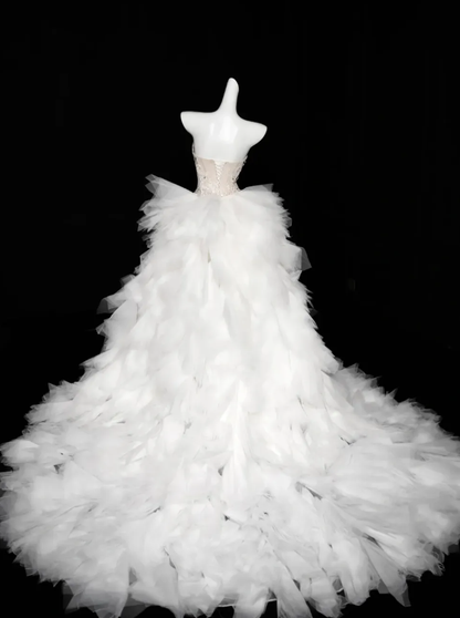 Charming Mermaid Strapless Rhinestone White Tulle Long Prom Dress SH3244
