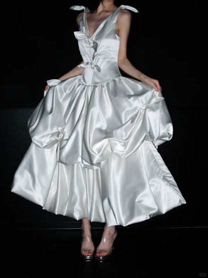 Cute Bow A Line Off the Shoulder Satin Long Prom Dress Party Dress SH4966