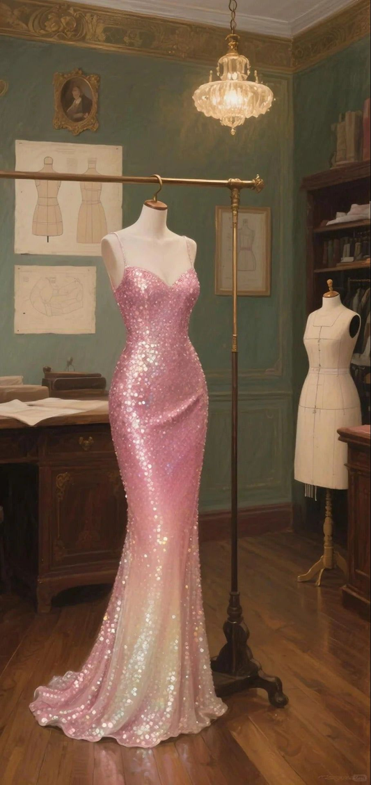 Sparkly Spaghetti Straps Pink Sequin Mermaid Long Party Dress Evening Gown  D1659
