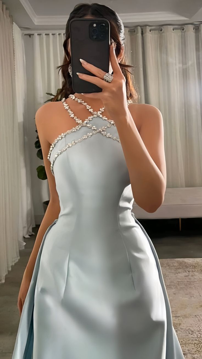 Gorgeous Blue Sleeveless Satin Beaded Mermaid Long Prom Dress Evening Gown D1080