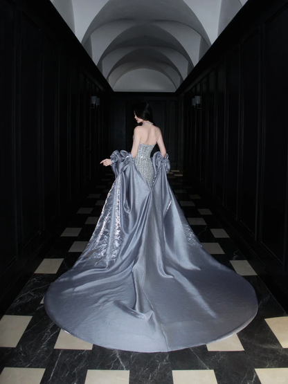 Shiny A Line Strapless Sequin Grey Tulle Satin Long Prom Dress Party Dress SH4195
