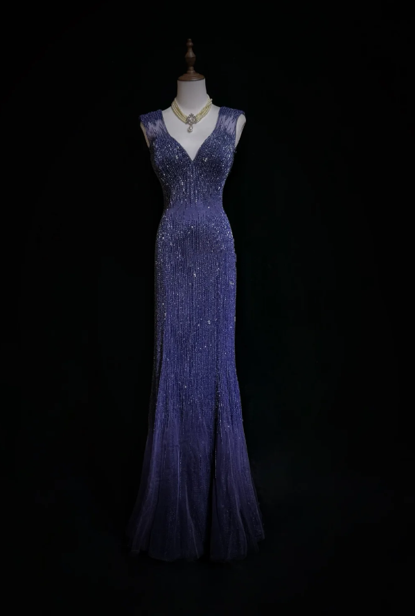 Gorgeous V Neck Dark Purple Tulle Beaded Mermaid Long Evening Dress Backless Prom Gown SP1963
