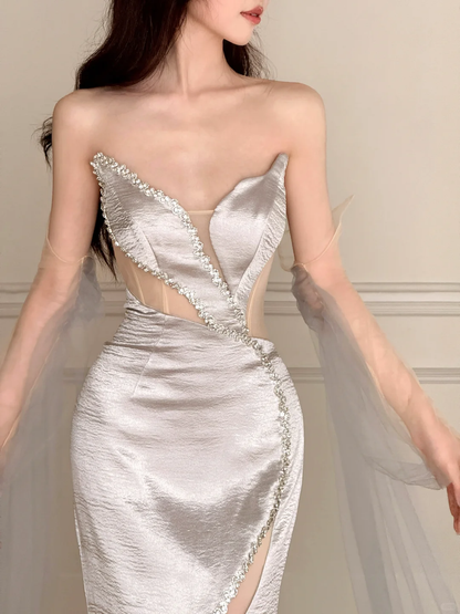 Gorgeous Mermaid Strapless Beaded Silver Satin Tulle Long Evening Dress Ball Gown SH3490