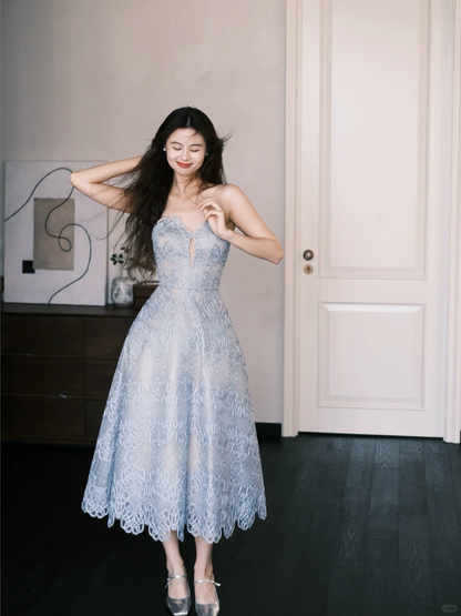 Blue A Line Sweetheart Neck Lace Prom Dress Party Dresses SH4584