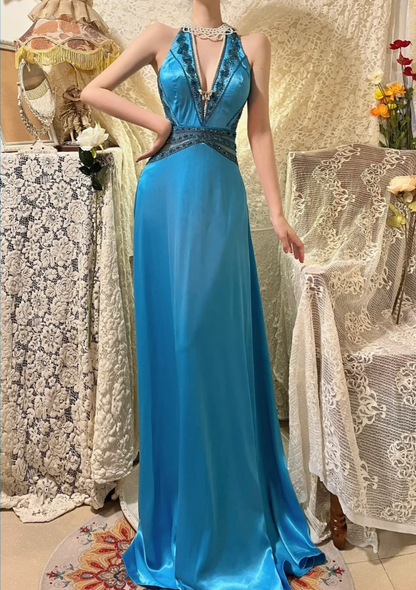 Sexy Blue Halter Satin Beaded V Neck Mermaid Long Party Dress Prom Dresses D2143