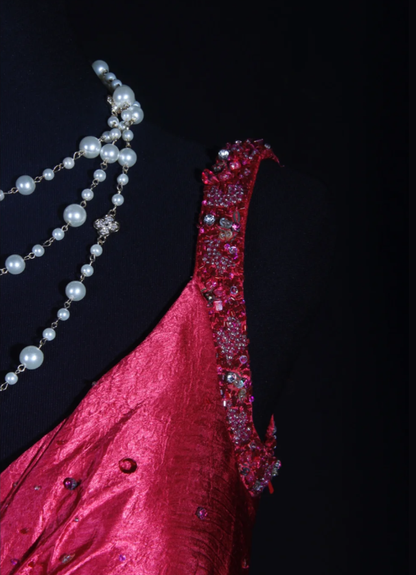 Stylish Hot Pink Satin V Neck Mermaid Evening Dress Backless Long Party Gown With Beads D2254