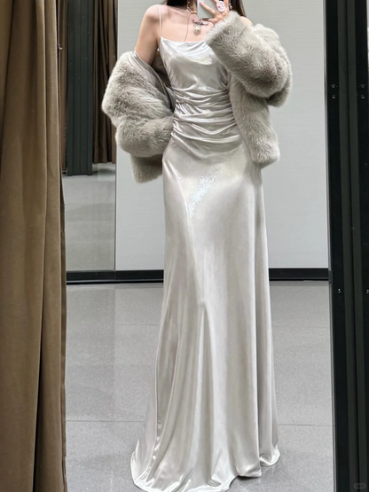 Open Back Silver A Line Spaghetti Straps Simple Satin Long Prom Dress Party Dress SH5020
