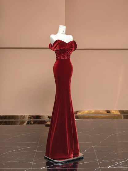 Burgundy Mermaid Off the Shoulder Sequin Velvet Long Prom Dress Party Dress SH4369