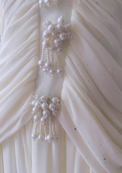 Elegant White A Line Halter Pearl Pleated Chiffon Prom Dress Vacation Dress SH4503