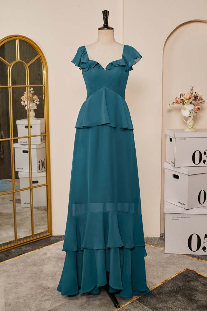 Teal Flaunt Sleeves Ruffled Layers A-line Long Bridesmaid Dress