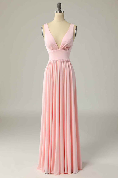 Candy Pink A-line Illusion Lace Cap Sleeves Chiffon Long Bridesmaid Dress