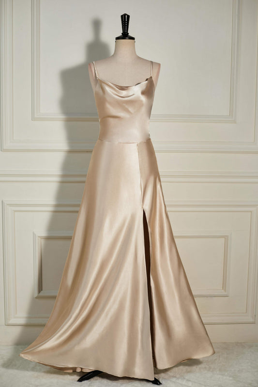 Champagne Cowl Neck Straps A-line Satin Long Bridesmaid Dress with Slit