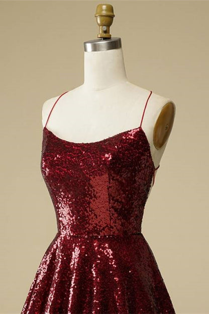 Burgundy A-line Lace-Up Back Sequins Mini Homecoming Dress
