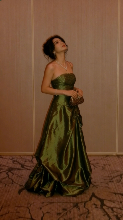 Elegant Olive Green Strapless Satin Sequin Long Birthday Party Dress Evening Gown  D1505
