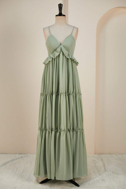 Dusty Sage Lace-Up Deep V Neck Ruffled Empire Long Bridesmaid Dress