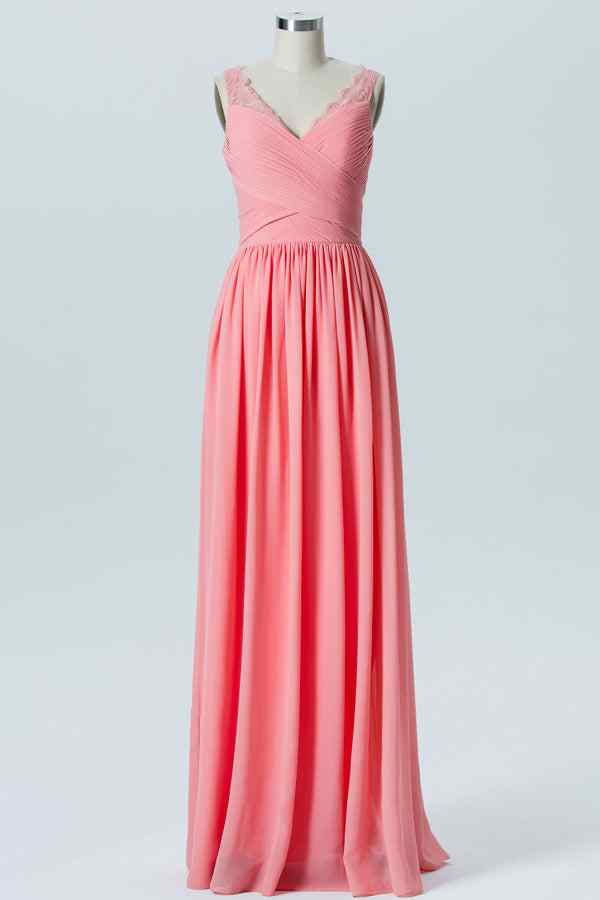 Coral A-line V Neck Chiffon Pleated Lace Straps Long Bridesmaid Dress