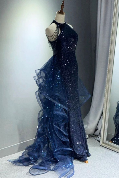 Dark Navy Halter Mermaid Sequins Long Formal Party Dresses Evening Gown, D851