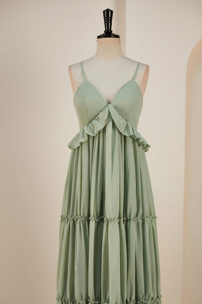 Dusty Sage Lace-Up Deep V Neck Ruffled Empire Long Bridesmaid Dress