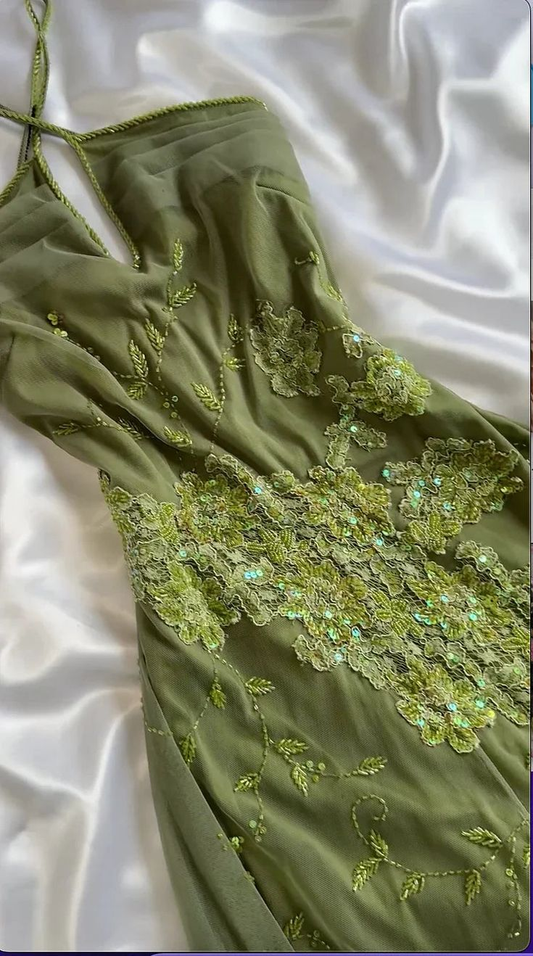 Classy Green Chiffon Lace Appliques Beaded Mermaid Evening Dress Long Birthday Prom Gowns SP1805