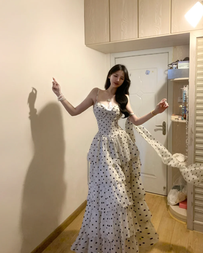 Cute Spaghetti Straps White Chiffon Dot Layered A Line Long Prom Gown Formal Birthday Party Dress D847