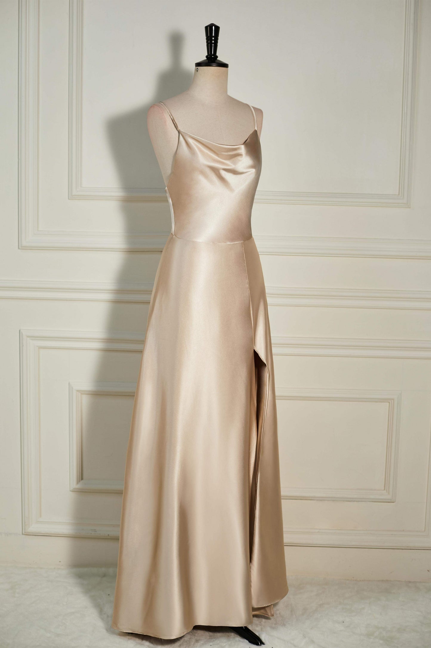Champagne Cowl Neck Straps A-line Satin Long Bridesmaid Dress with Slit