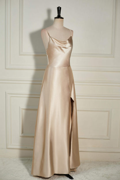 Champagne Cowl Neck Straps A-line Satin Long Bridesmaid Dress with Slit