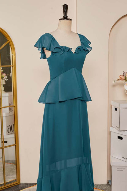 Teal Flaunt Sleeves Ruffled Layers A-line Long Bridesmaid Dress
