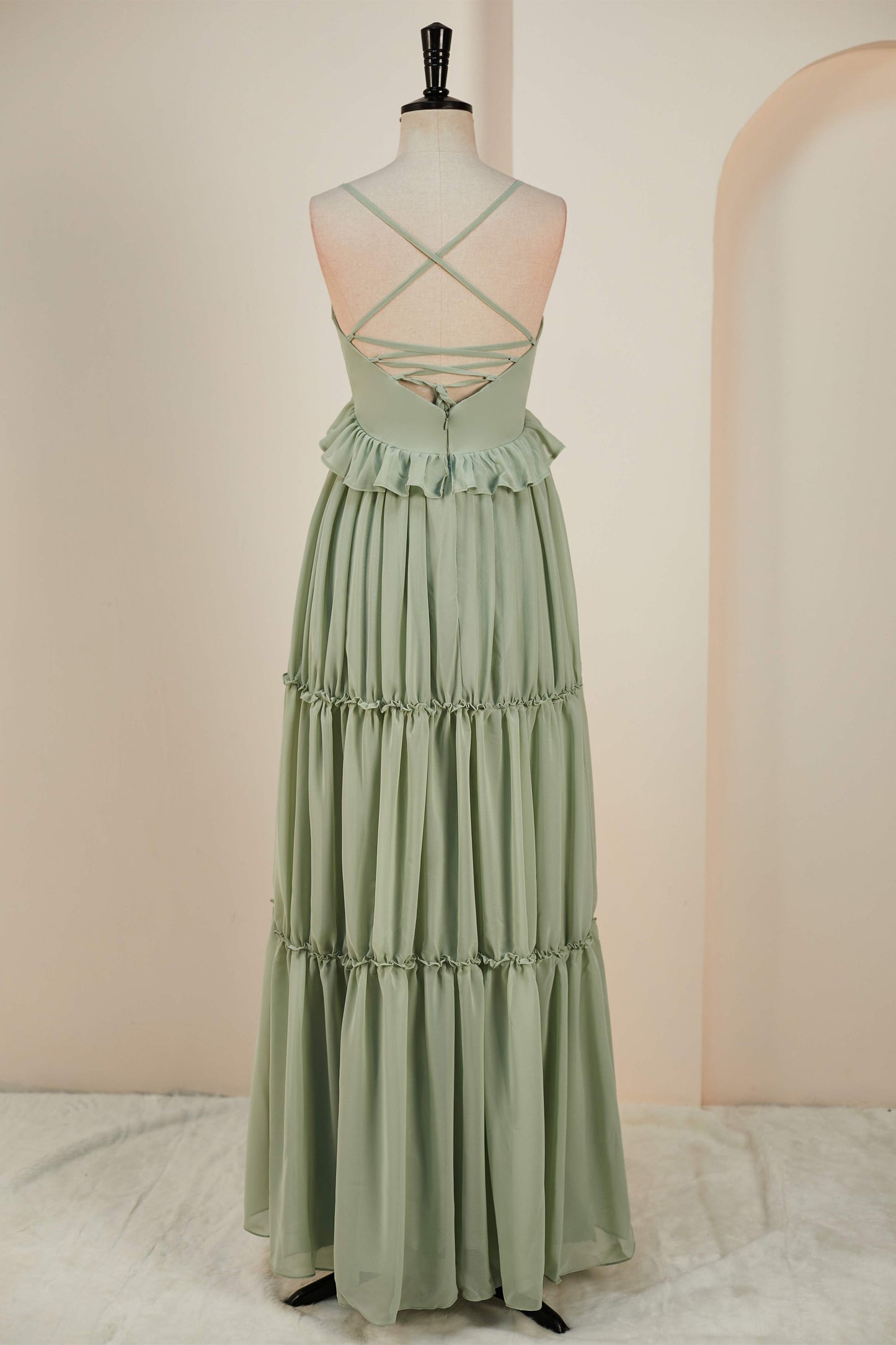 Dusty Sage Lace-Up Deep V Neck Ruffled Empire Long Bridesmaid Dress