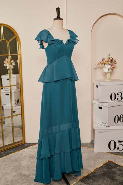 Teal Flaunt Sleeves Ruffled Layers A-line Long Bridesmaid Dress