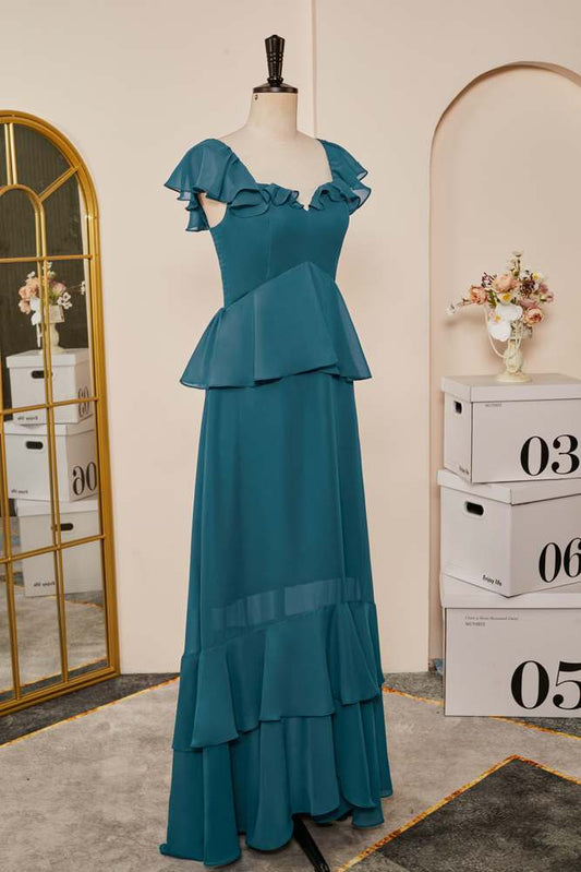 Teal Flaunt Sleeves Ruffled Layers A-line Long Bridesmaid Dress