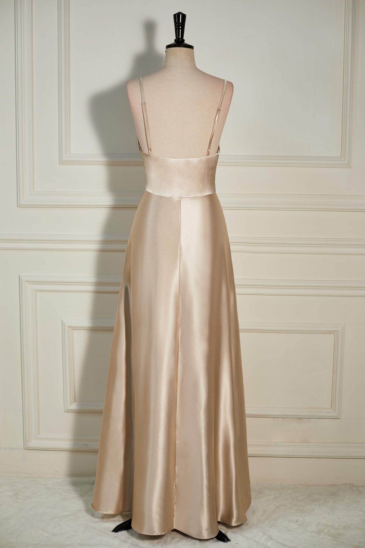 Champagne Cowl Neck Straps A-line Satin Long Bridesmaid Dress with Slit