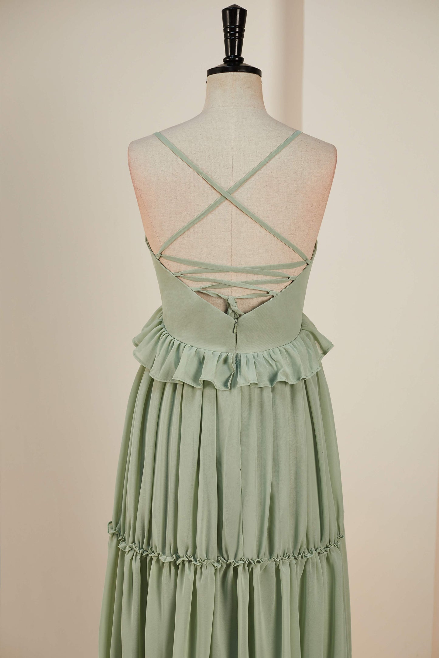 Dusty Sage Lace-Up Deep V Neck Ruffled Empire Long Bridesmaid Dress
