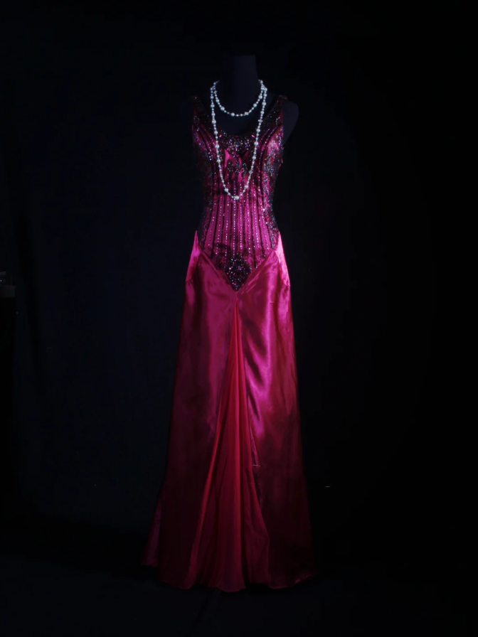 Charming V Neck Hot Pink Satin Beaded Mermaid Long Party Dress Birthday Evening Gown D2221