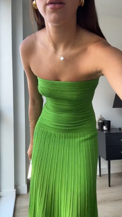 Sexy Green Strapless Satin Pleated Mermaid Long Wedding Guest Dress Birthday Prom Dress D1629