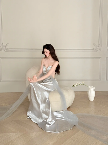 Gorgeous Mermaid Strapless Beaded Silver Satin Tulle Long Evening Dress Ball Gown SH3490