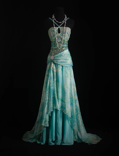 Classy Mint Green Chiffon Print Floral Beaded Mermaid Long Party Dress Formal Birthday Evening Gown D2010