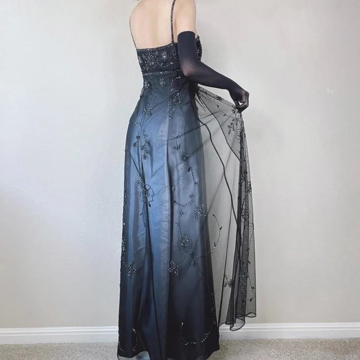 Gorgeous Spaghetti Straps Blue Tulle Beaded Mermaid Eevening Dress Long Birthday Party Gown D1695