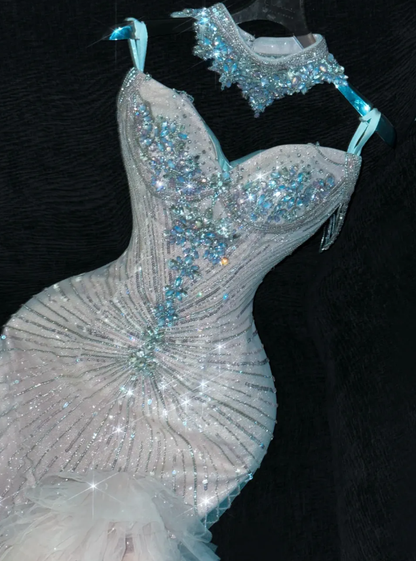 Mermaid Beaded Sweetheart Neck Tulle Long Prom Dress Evening Dress Party Dress SH3615