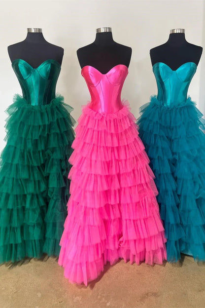 Black A Line Sweetheart Neck Layered Satin Tulle Long Wedding Guest Dress Evening Dress with Slit SH2920