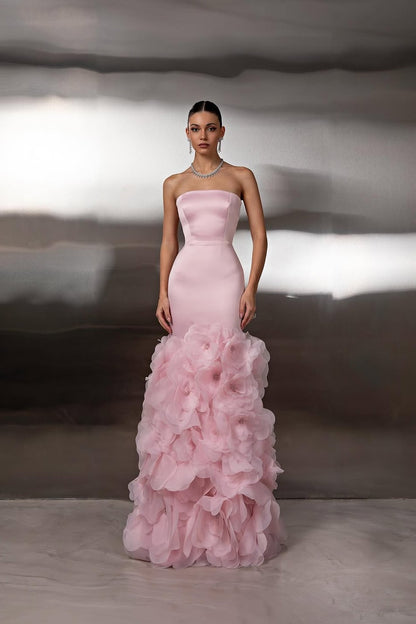 Sleeveless Square Strapless Slit Mermaid Prom Dress With Handmade Flower