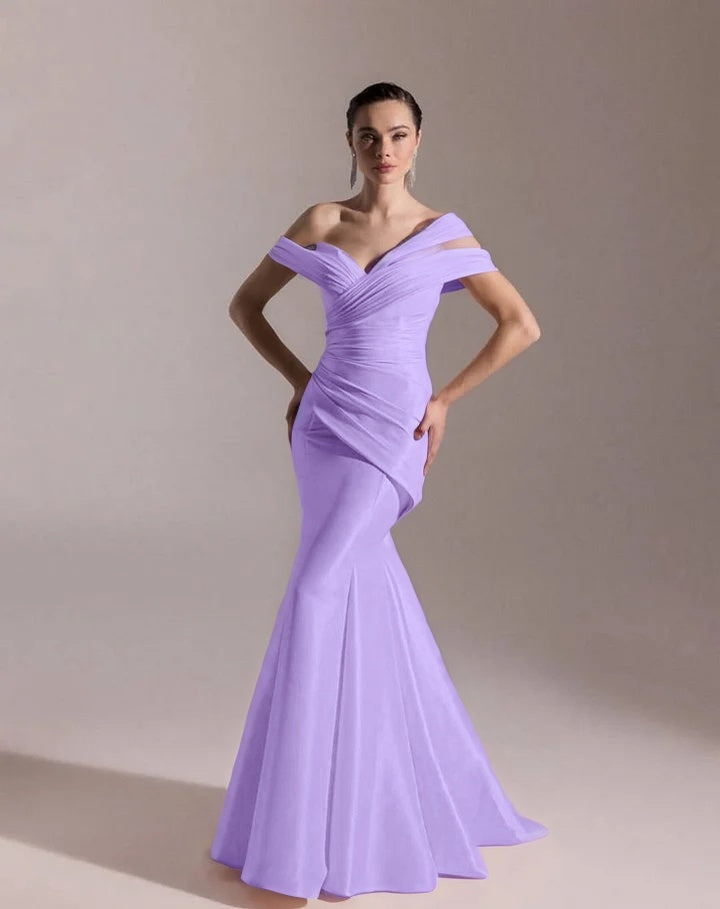 Classic Blushing Pink Off-The-Shoulder Mermaid Pleated Evening Dress