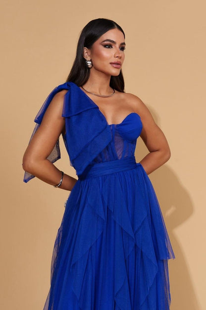 Glamorous Mint Tulle Sleeveless One Shoulder Long Prom Dress with Ruffles