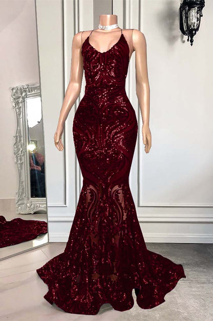 Mermaid Spaghetti-Straps Royal Blue Long Prom Dress With Sequins
