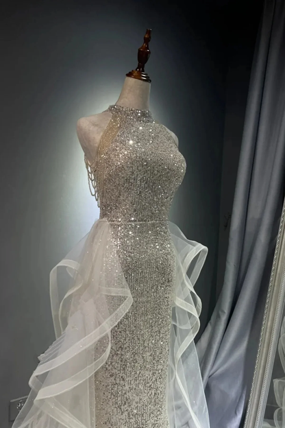 Chic White Tulle and Sequins Long Prom Dress, Halter A-line Party Dress Evening Dress  fg8719
